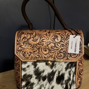 Tooled Floral Leather & Cowhide Crossbody Bag - western linens